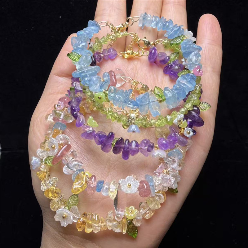 Natural Amethyst Crushed Stone Small Flower Single Circle Bracelet, Aquamarine Citrine Small Flower Bracelet, New Year's Olivine Wholesale