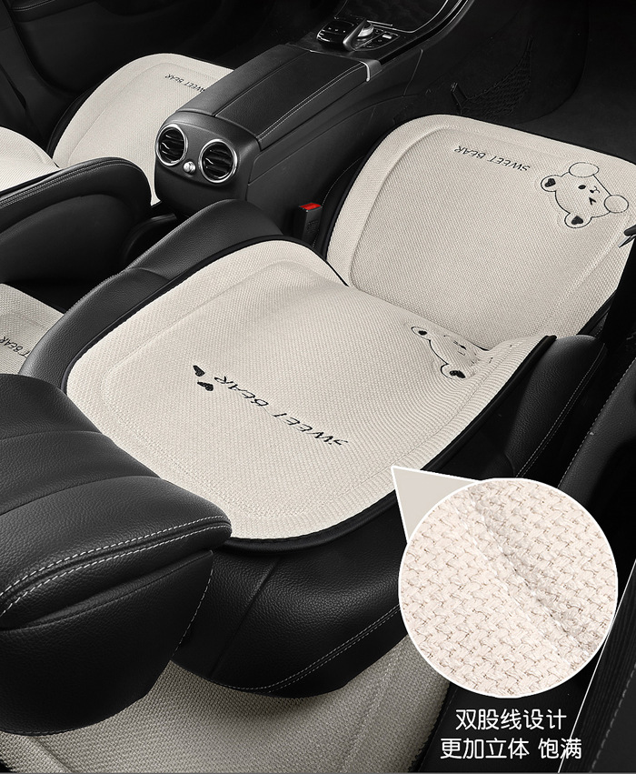 Car Seat Cushion for All Seasons, Linen Cartoon Rear Seat Cushion, Single-Piece Seat Cover for Women