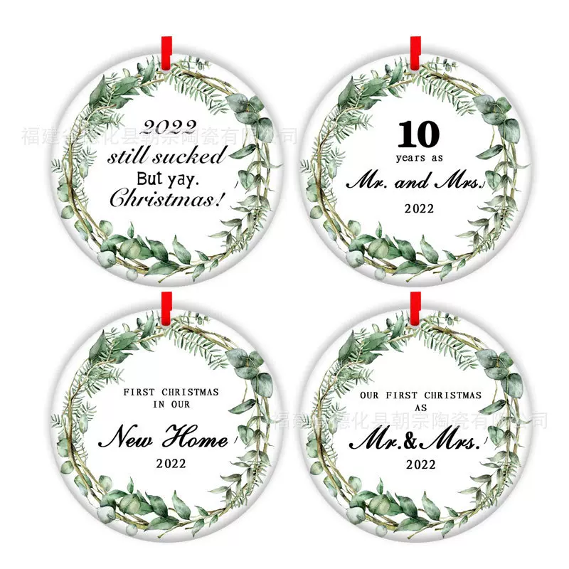 跨境专供圆形热转印涂层陶瓷挂件圣诞情人节陶瓷装饰品可制定LOGO