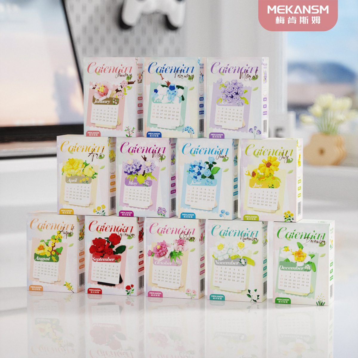 K484-495 calendario de flores 12 (cajas de color independientes)