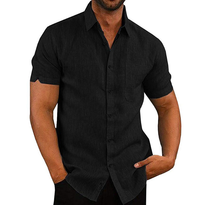 2019 Amazon eBay Hot Hot Sale Summer Collar Solid Color Short Sleeve Buttons Hombre Camisa de lino Hombre