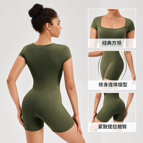 European and American style tight-fitting sports bodysuit, short-sleeved, women's off-shoulder, bare-chest training running yoga fitness jumpsuit 42245
