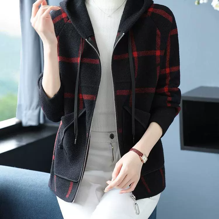 连帽格子毛呢卫衣外套短款女秋冬妈妈装宽松夹克欧货帽领棒球服女