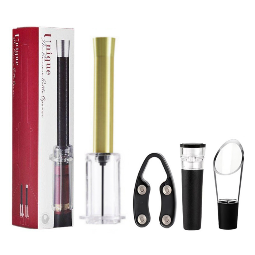 Caja de color: abrebotellas neumáticas de aleación de aluminio dorado, juego de cuatro piezas con tapón de vino