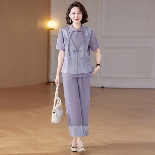 Chinese Style Grandma Summer Dress Seven-Sleeve Shirt Elegant suit Top Middle-Aged Mother Summer Dress Thin Guofeng Shirt