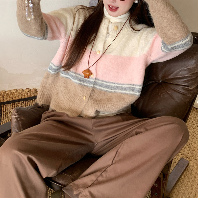 2025秋冬新款学院风针织开衫女时尚百搭拼接条纹毛衣外套宽松上衣|undefined