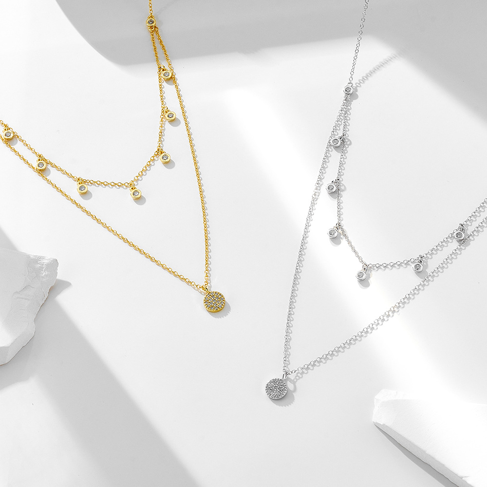Joyas transfronterizas europeas y americanas s925 collar de doble capa de plata esterlina mujer simple y versátil moda lunares circón cadena corta de clavícula