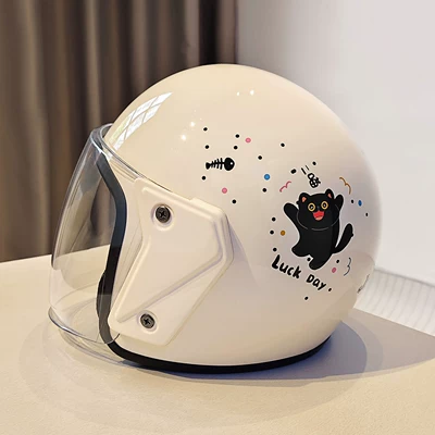 3C National Standard Certified Cute Electric Vehicle Helmet for Women, High-Looking, Sun-Protective, All-Season Warm-Keeping Safety Helmet, Motorcycle Helmet (Motosiklet kaskı (dəbilqə)) - off-white-transparent-long-mirror-101-little-black-cat-one-size