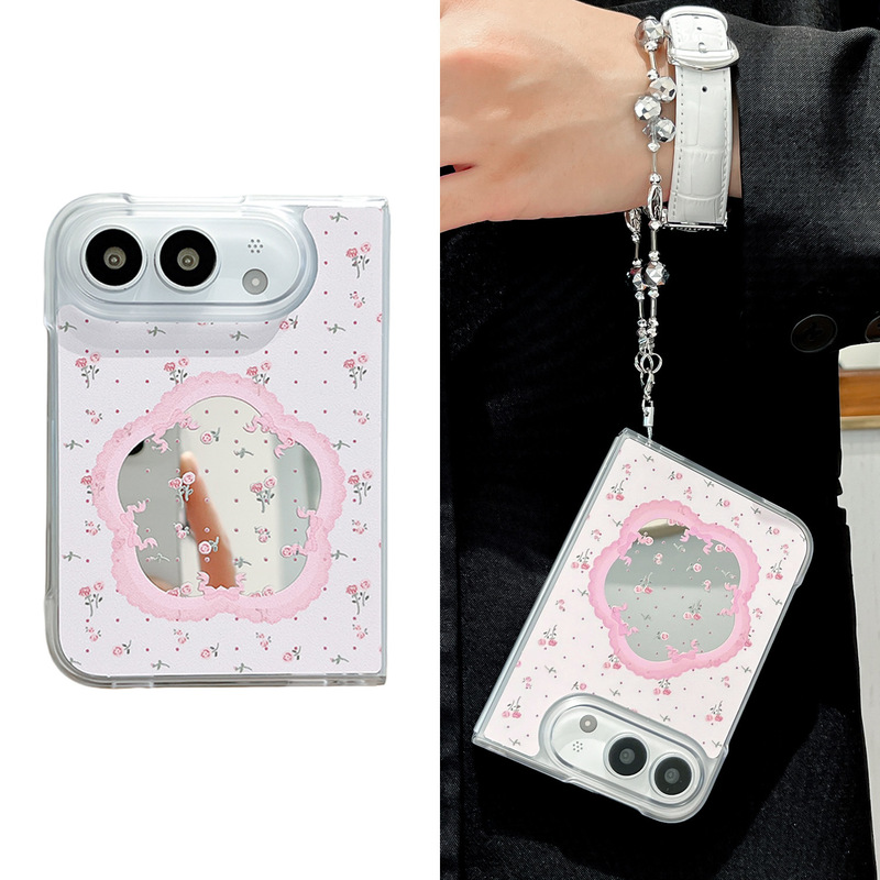 Personalized Women's Pink Floral Mirror Case Suitable for iPhone Duo Phone Case and Apple Duo Foldable Screen Protective Cover