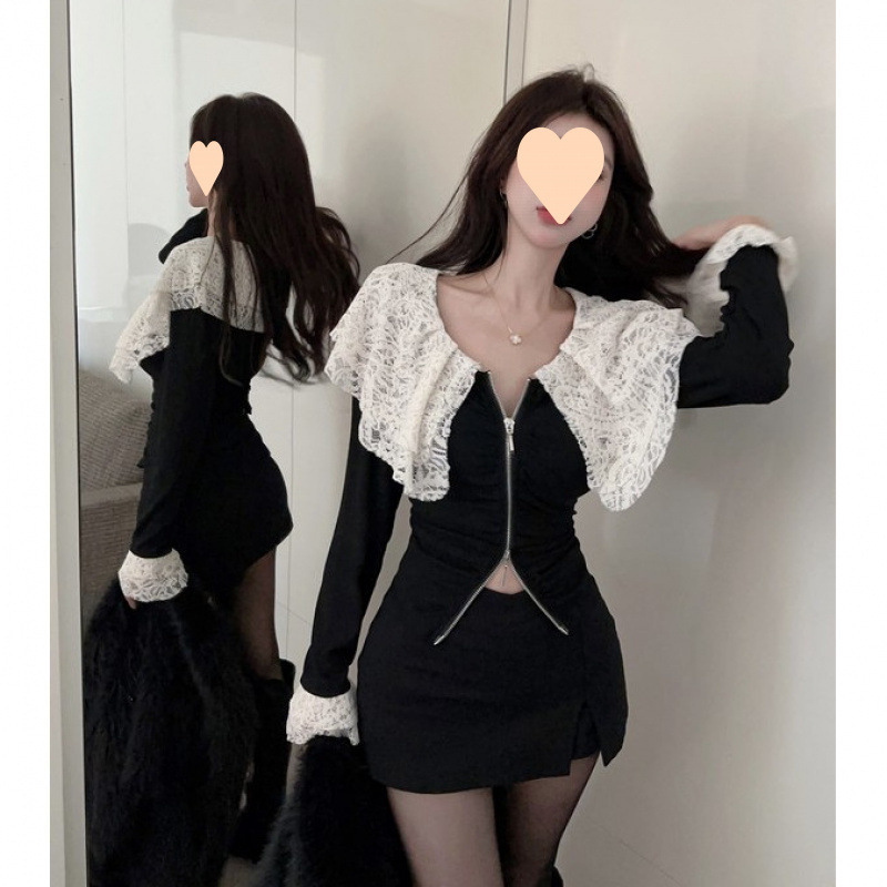 フレンチデザインニッチ長袖シャツ女性のための2025秋冬レースネイビーカラーステッチプリーツジッパーボトリングシャツ|undefined