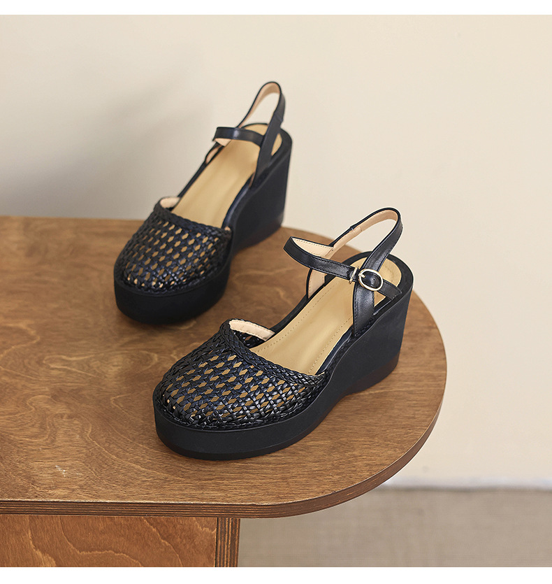 Sandal nữ da thật bít mũi đế xuồng cao gót 9 cm phong cách La Mã đan lưới — màu đen, màu trắng ngà chi tiết 17