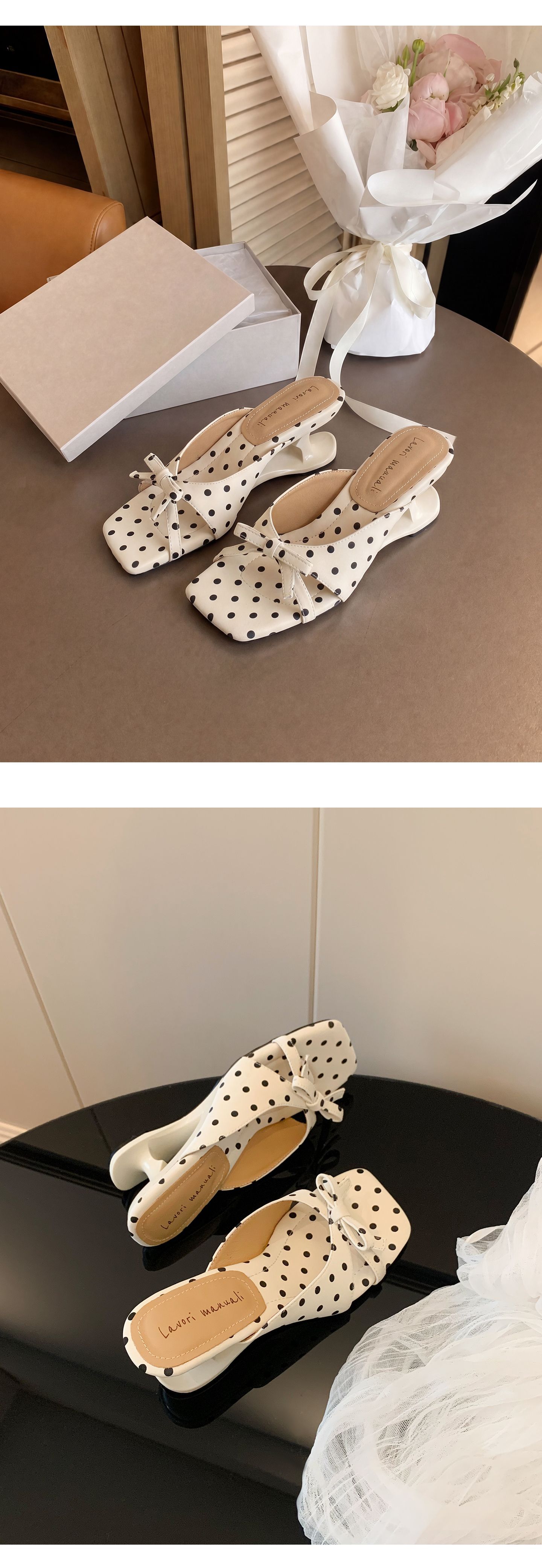 Sandal cao gót nữ mũi vuông da cừu nơ bướm đế mềm — Trần truồng hồng, Trắng chấm bi, bạc chi tiết 18