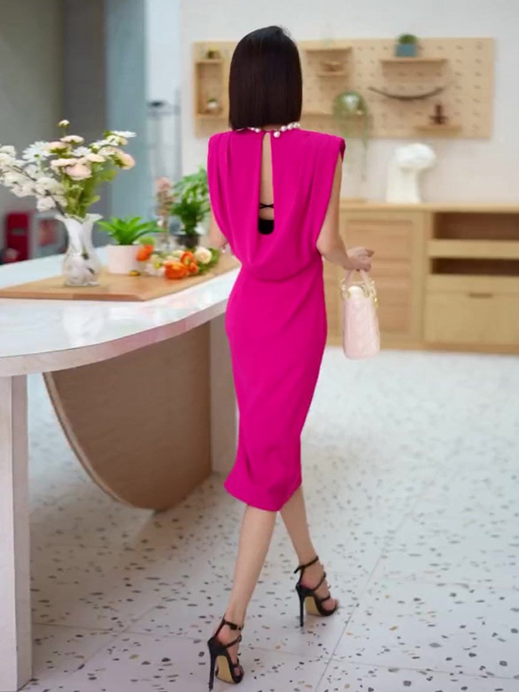 Đầm ôm body nữ lưng trần phong cách Pháp tay ngắn mùa hè — Váy hồng hoa hồng, váy đen chi tiết 3