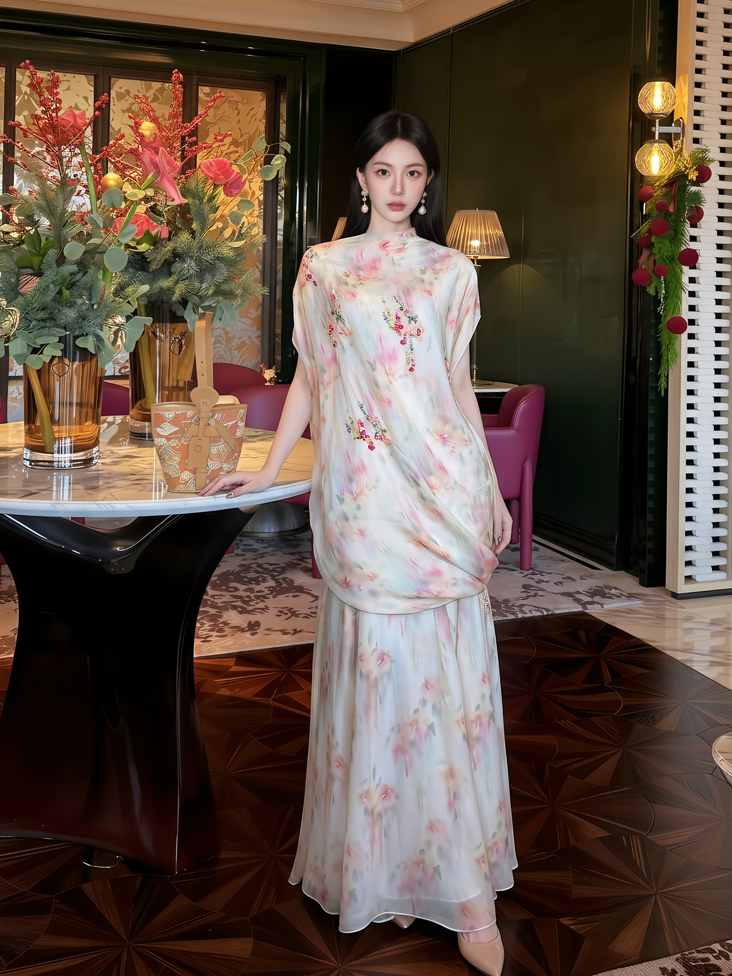 Bộ váy áo maxi thắt eo họa tiết hoa phong cách tân cổ điển — Trang chủ, bộ đồ, nửa váy