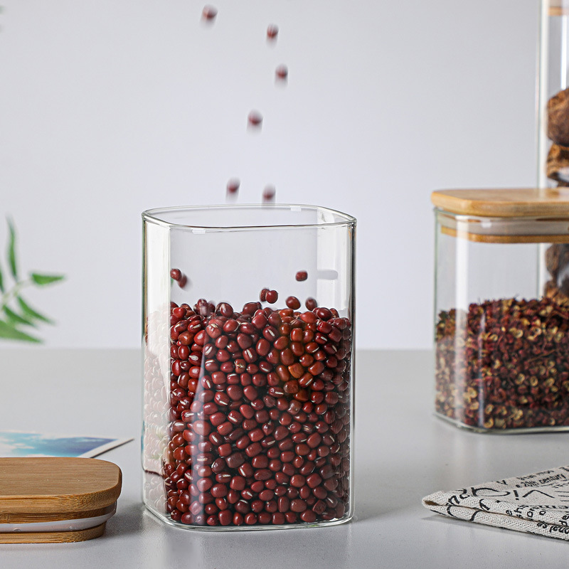 En stock tarro de almacenamiento al por mayor con patrón de impresión hogar cuadrado granos de vidrio transparente té seco Frasco sellado