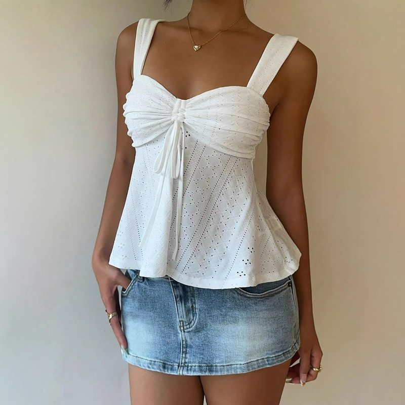 2026 European and American Summer Drawstring Sweetheart Neck Women's Tank Top Cross-Border Hot-Selling New Cute Playful Crop Top with Straps