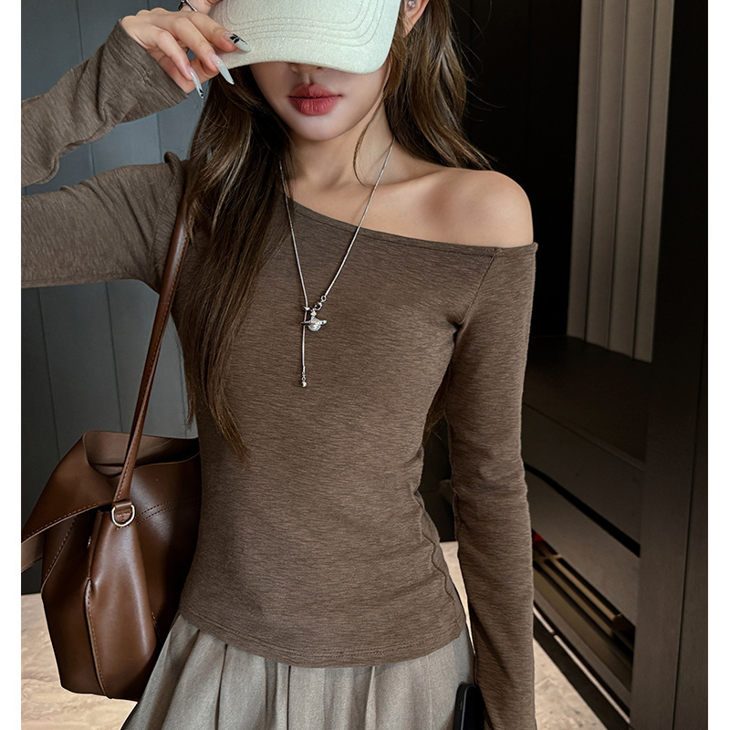 Spring and Autumn New Bamboo Cotton Long Sleeve T-Shirt for Women, Trendy Off-Shoulder Slim Fit Korean Style Top Spring and Autumn New Bamboo Cotton Long Sleeve T-Shirt for Women, Trendy Off-Shoulder Slim Fit Korean Style Top