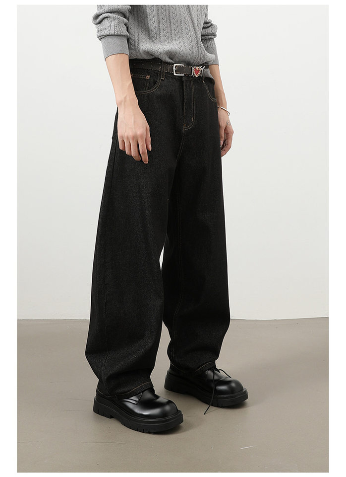 Quần jeans nam ống rộng dáng suông phong cách Mỹ, jean bò nguyên bản, lưng giữa, túi khóa kéo — Denim đen, Trắng, lâu, màu xanh chi tiết 8
