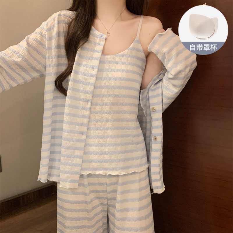条纹三件套睡衣女春秋款带胸垫高级感吊带长袖长裤冬季外穿家居服|undefined