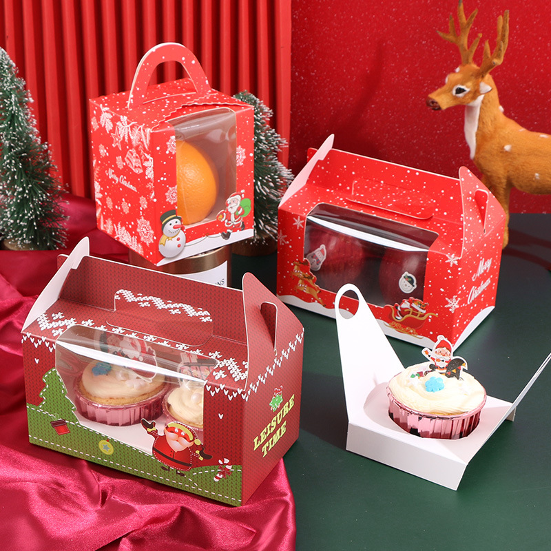 圣诞节纸杯蛋糕包装盒 1/2粒手提马芬杯盒子平安夜苹果礼盒包装