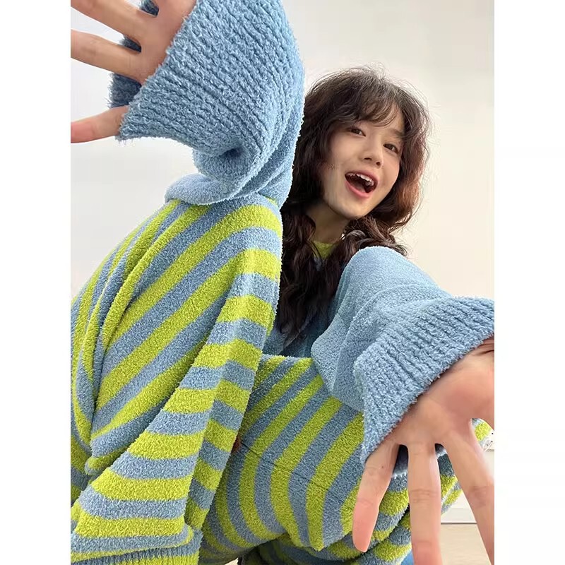 秋冬季睡衣女半边绒加厚保暖小香风冬天法兰绒家居服韩版条纹套装|undefined