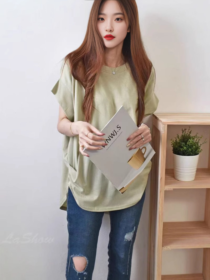 Cross-Border 2025 Summer New Loose Versatile Solid Color Plus-Size Round Neck Irregular Hem Top T-Shirt