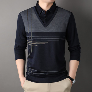 Spring and Autumn middle-aged men's fake two-piece long-sleeved T-shirt sweater dad's shirt lapel soft casual bottoming shirt