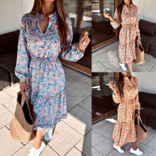 外贸新款2024秋冬新款亚马逊速卖通气质长袖V领大摆印花连衣裙