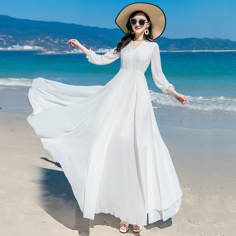 Seaside Vacation Long-Sleeved Elegant Skirt with Waist and Elegant Dress Bohemian Long Skirt Beach Skirt Fairy White