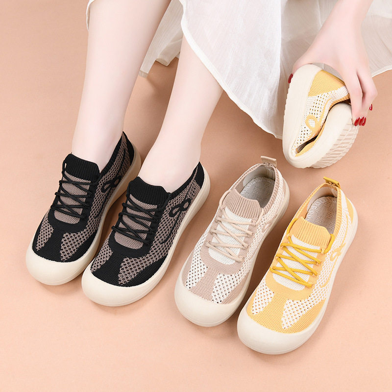 Giày lười nữ vải lưới thoáng khí đế bằng mềm, kiểu dáng một lớp dễ mang — Kaki dệt vải bay nữ, Nữ dệt thoi-vàng be, Nữ dệt thoi-đen