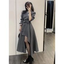 气质时髦灰色长款设计感裙摆大衣女冬前短后长大衣冬有吊牌有领标