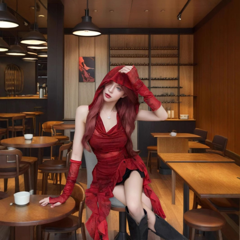 Cross-border 2025 New Red Hooded Ruffled with Sleeve T-shirt Sexy Style Slim-fit Chic Top for Foreign Trade