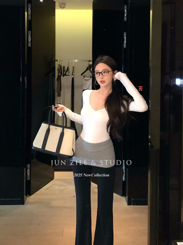 小个子绝美小套装韩女曲线V领修身打底衫长袖上衣撞色微喇叭长裤|undefined