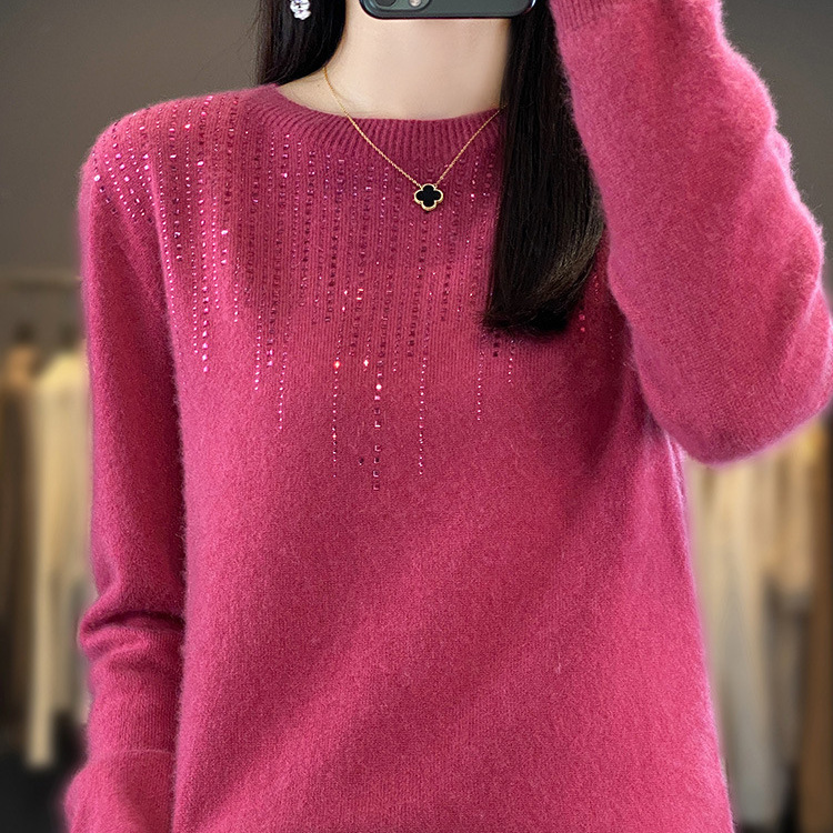 Cross-border wholesale of high-end ready-to-wear seamless round-neck knitwear with rhinestones, women's long-sleeve pullover sweater for winter Cross-border wholesale of high-end ready-to-wear seamless round-neck knitwear with rhinestones, women's long-sleeve pullover sweater for winter