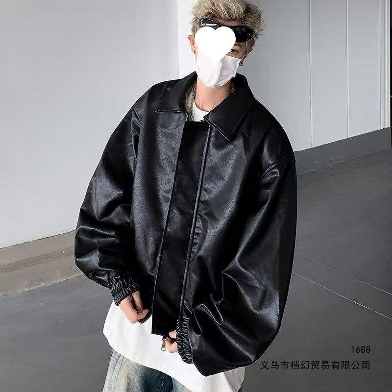 炸街感皮衣男韩版痞帅夹克小众设计感复古宽松短机车上衣外套