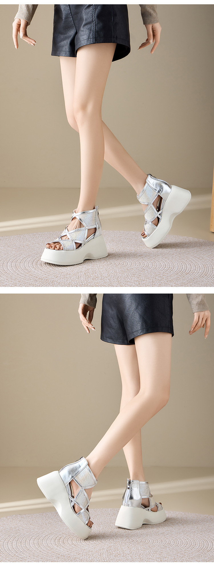 Sandal cao gót nữ quai chéo đế dày platform hở mũi — màu mơ, bạc chi tiết 11