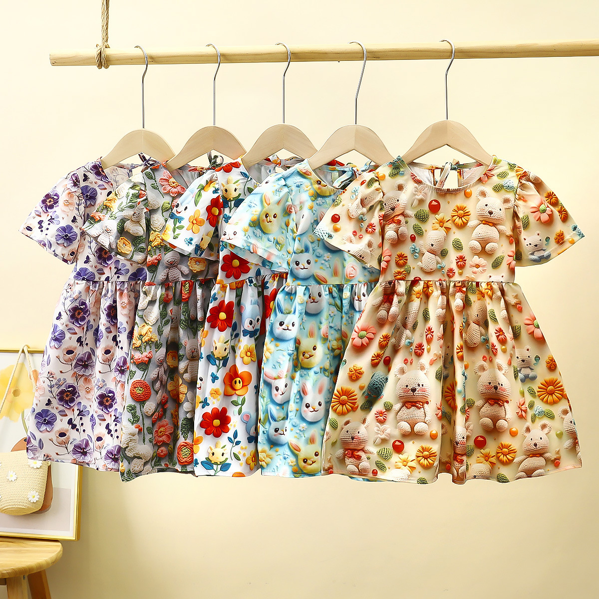 Girls Cartoon 3D Print dress Summer 2025 New Girls Sweet Floral Princess Dress Seaside Beach Dress