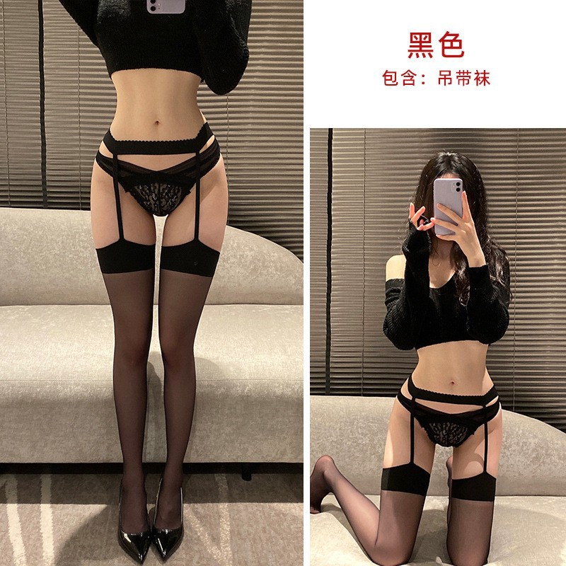 Black Silk Stockings with Suspenders, Over-The-Knee Sexy Half-Length Black Stockings, Sexy Socks with Red Edges, Suspender Stockings, Mid-Calf Stockings