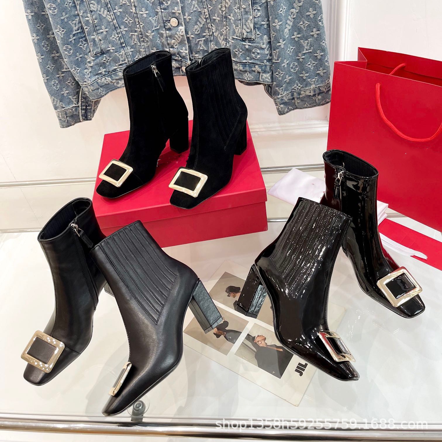 Demi-season chelsea square toe heels with zipper