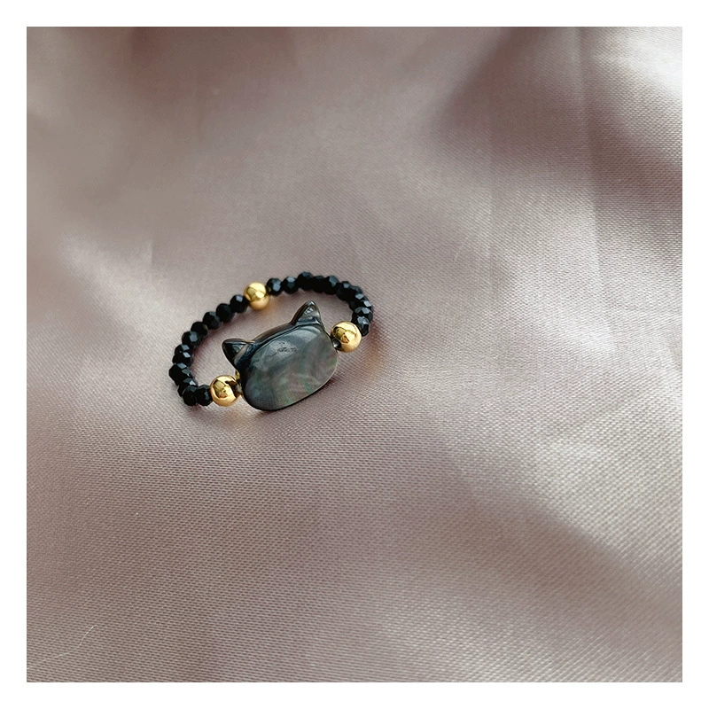 14K gold extremely thin black cat ring Japanese crystal stone black crystal personality bead string ring trendy gold plated