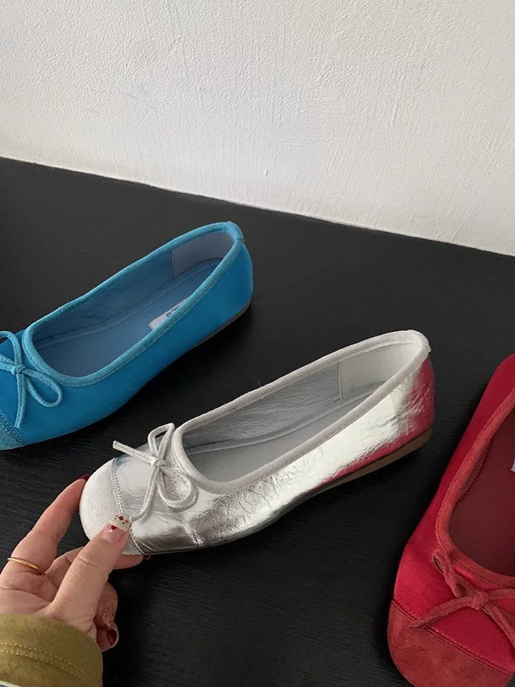 Footwear, blue ballet shoes with bow, french style, soft sole
