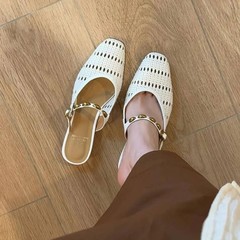 シープスキンバージョン〜レイジーデザイン中空通気性ローマンスタイルつま先ハーフスリッパ女性の夏のアウターフレンチサンダル