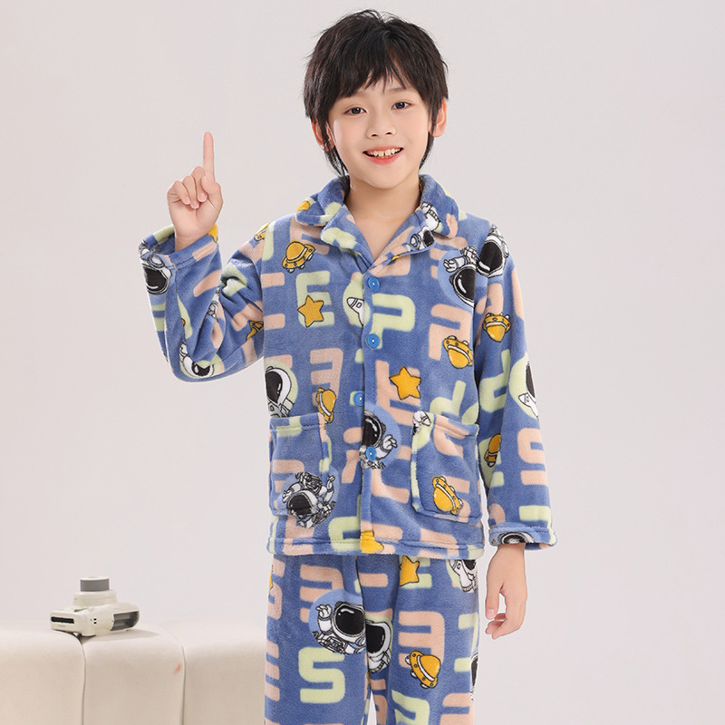 Children's Autumn and Winter Pajamas, Coral Velvet Thickeneded Boys and Girls, Flannel, Medium and Large Kidsren's Baby Warm Home Clothes