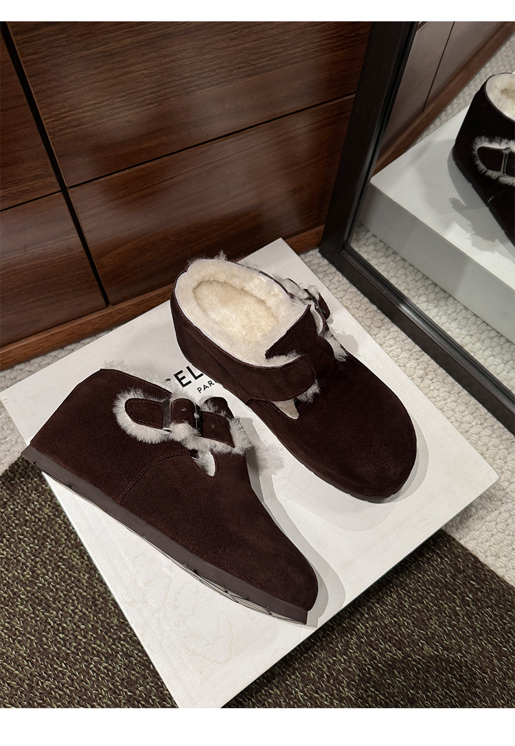 Dép lông Birkenstock da thật nữ đế dày, mũi kín lông cừu, có khóa thắt lưng, tăng chiều cao bên trong — cà phê nâu chi tiết 25