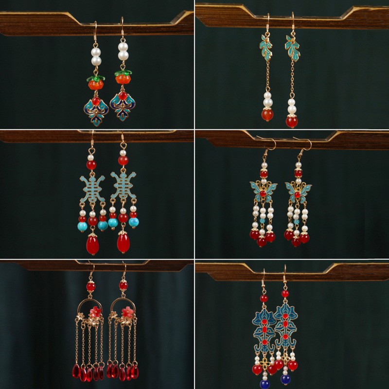 古风女汉服头饰古装百搭国风耳环唐朝轻奢烧蓝蝴蝶耳环景泰蓝耳坠