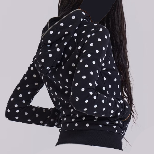 European and American women's unique polka-dot print zip-up slim-fit sweatshirt, long-sleeve pullover hoodie, vintage-style jacket