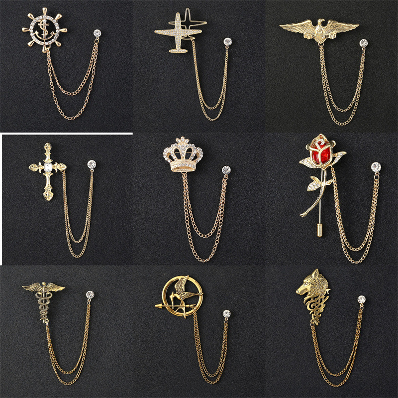 Cross-border Hot Selling Men's Chain Wolf Head Brooch Flower Tassel Jewelry Suit Crown Aircraft Fashion Pin Accessories