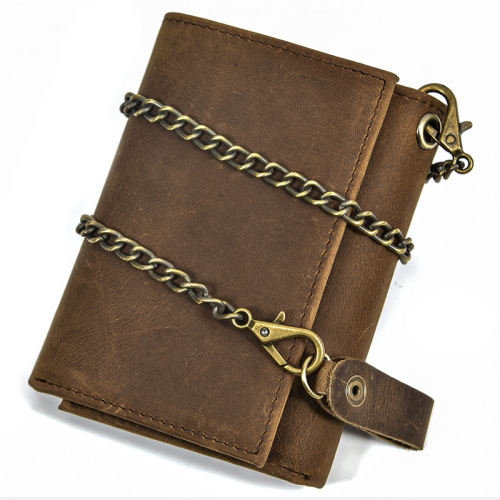 Genuine Leather Wallet Retro Men's Crazy Horse Leather Coin Purse Multiple Card Positions with Key Position Iron Chain Tri-fold Wallet Amazon