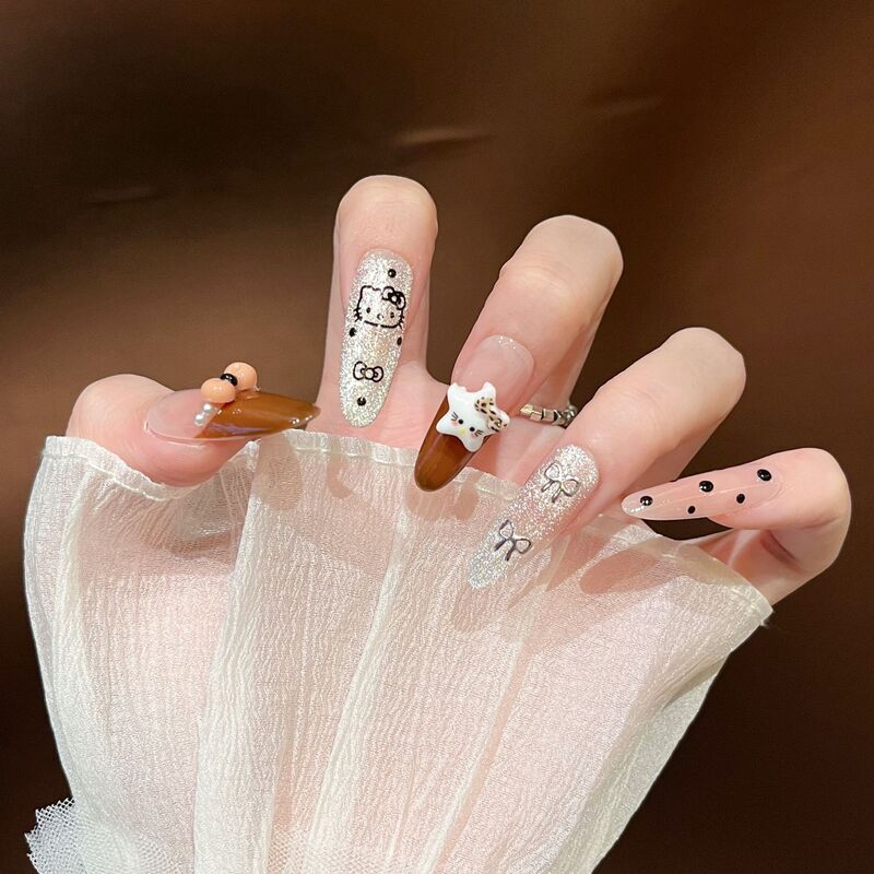 Handmade Wearable Nails Kt Cat Cute Cartoon Medium Long Manicure Nail Stickers Wearable Fake Nails Wholesale