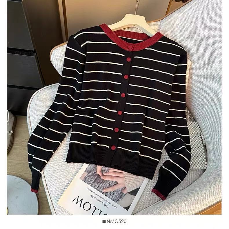 韩系撞色条纹圆领毛衣女秋冬宽松慵懒高级感百搭上衣针织开衫外套